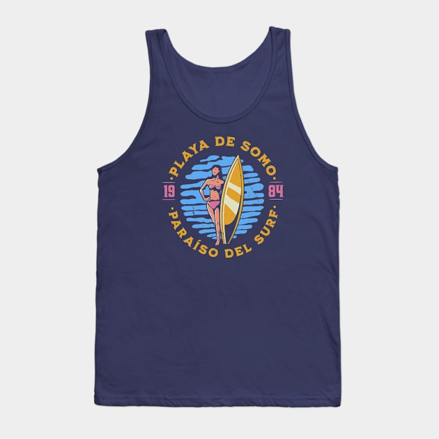 Vintage Playa de Somo, Spain Surfer's Paradise // Retro Surfing 1980s Badge Tank Top by Now Boarding